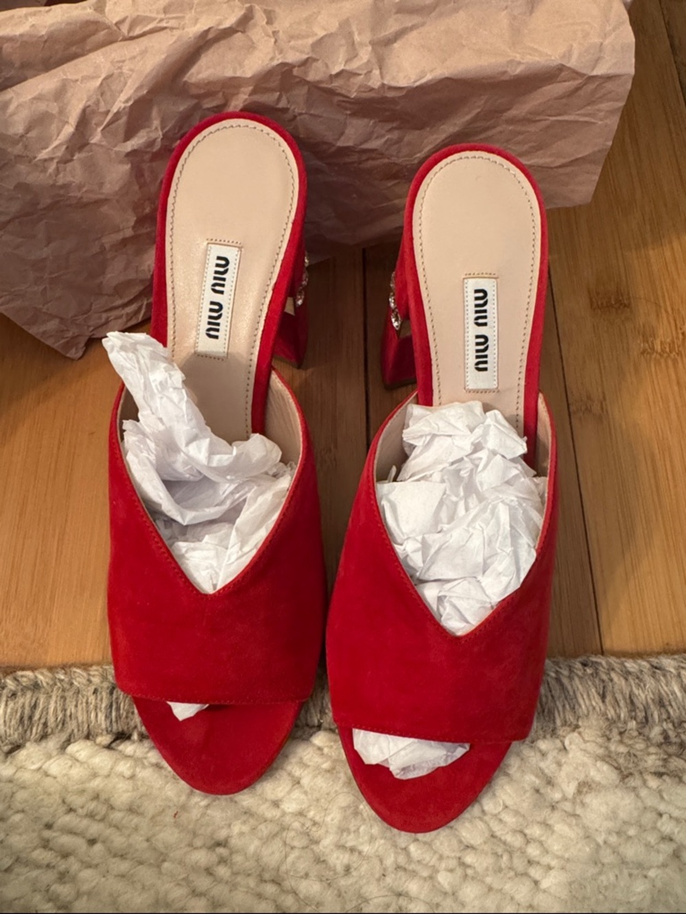 NWT Miu Miu Red Suede Open-Toe Block Heel Mules